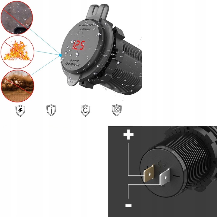 TRAGALUZ DISPOSITIVO DE CARGA MOTOCICLETA DE AUTOMÓVIL 2 PIEZAS USB QC3.0 VOLTÍMETRO BOTÓN 