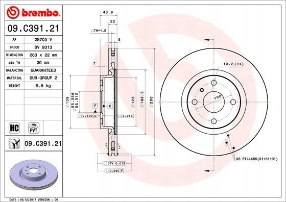 DISQUES FREIN AVANT BREMBO 09.C391.21 09C39121