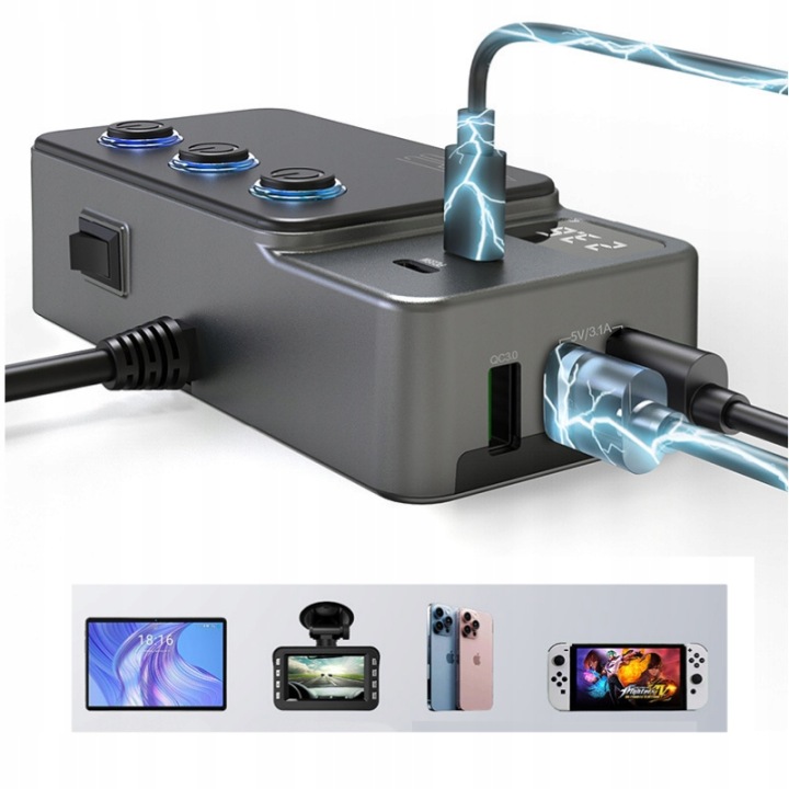 DISTRIBUTEUR DOUILLES ALLUME-CIGARES 12-24V USB QC PD VOLTMÈTRE 120W