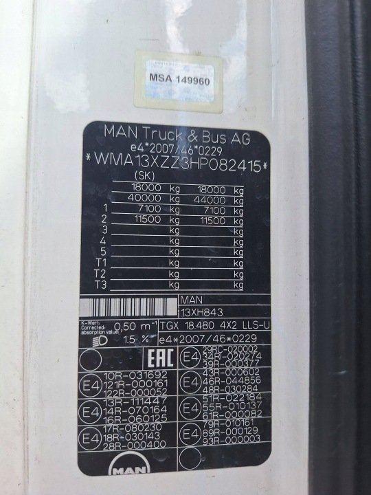 MAN TGX I 18.480 EURO 6 13XH843 CHÂSSIS FILTRE AIR 81.08400.6078