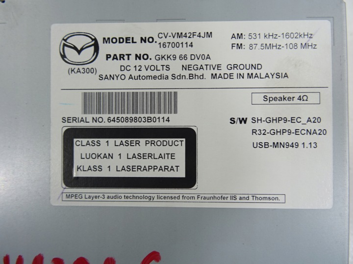 MAZDA 6 2.2 D NAVIGATION RADIO NAVI CV-VM42F4JM 1670014 2012-2017