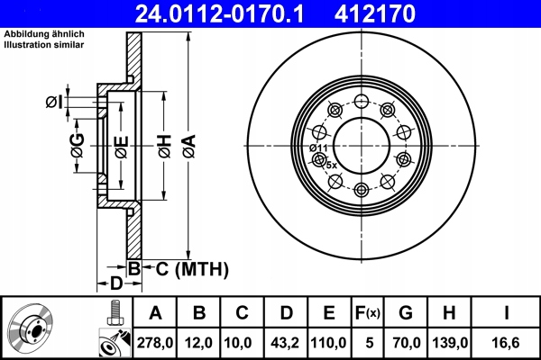 24.0112-0170 ATE DISCO FRENOS ALFA ROMEO 159 05-11 PARTE TRASERA 