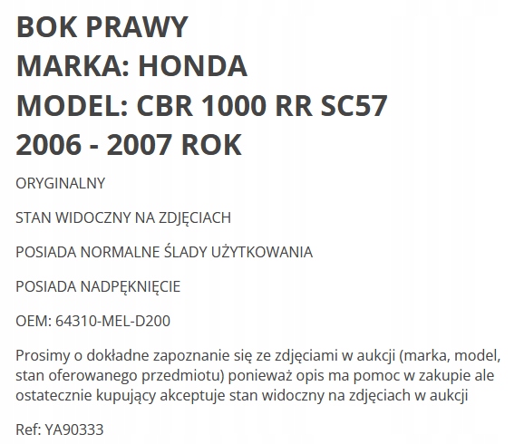 CÔTÉ DÉFLECTEUR D'AIR PROTECTION CASQUETTE DROIT HONDA CBR 1000 RR CBR1000 RR SC57 06-07