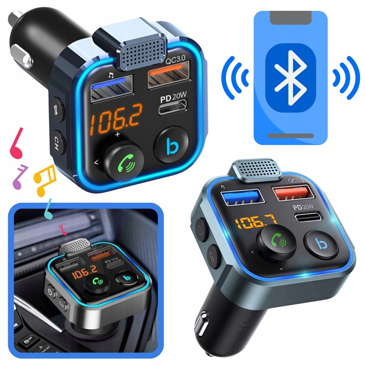 TRANSMISOR BLUETOOTH AUDIO FM MP3 BT ADAPTADOR ADAPTADOR 3X USB QC 3.0 RGB 