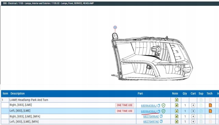 GAUCHE AVANT PROJECTEUR DODGE RAM 2011-.. MOPAR OE 68096439AJ