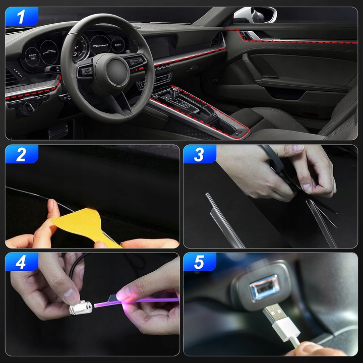 CABLE DE FIBRA ÓPTICA DIOPARA LUMINOSO LED PARA COCHE RGB VERSIÓN AL USB 7M AMBIENT EL WIRE 6W1 JUEGO 