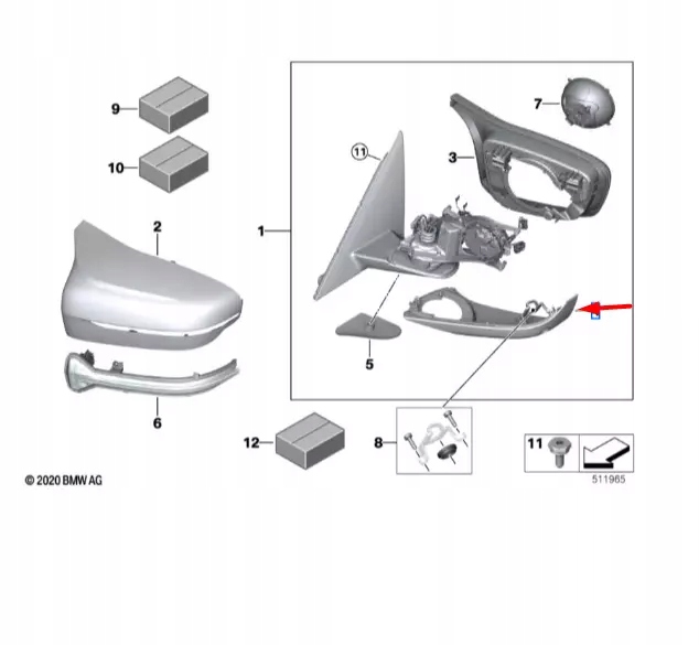 BMW M5 F90 MIROIR AVANT DROIT CHÂSSIS 51165A1C7E4
