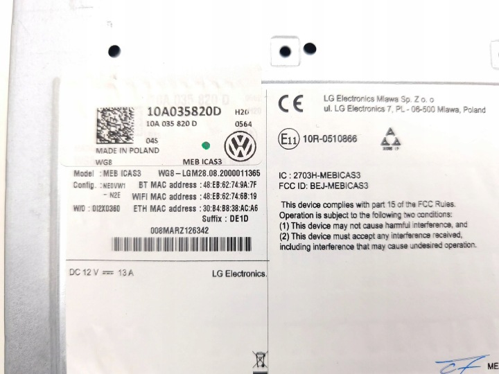 VOLKSWAGEN ID.3 2020 MODULE NAVIGATION 10A035820D