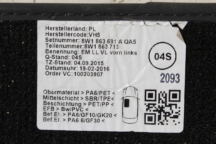 AUDI A4 A5 TAPIS DE SOL PLANCHERS 8W1863691A 8W1863691B 8W1 863 691 QA5 NOIR 8W