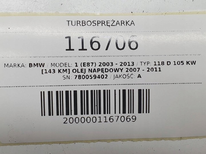 TURBOCOMPRESSEUR GUIDE BMW E87 E90 780059402 143 118 318 D 2.0 N47