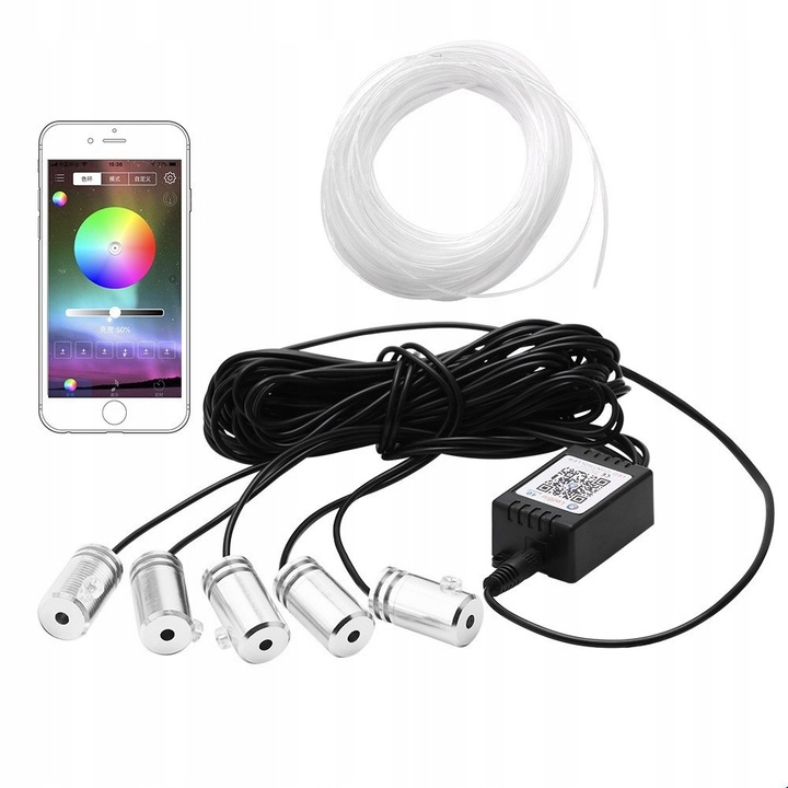 CABLE DE FIBRA ÓPTICA PARA COCHE AUTO ILUMINACIÓN CABINAS BRIDA 6M RGB + APLIKACJA 