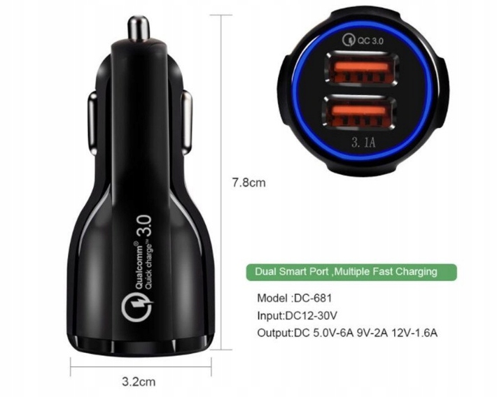 DISPOSITIVO DE CARGA DE AUTOMÓVIL 3,1A DIODO LUMINOSO LED QUICK CHARGE 3.0 