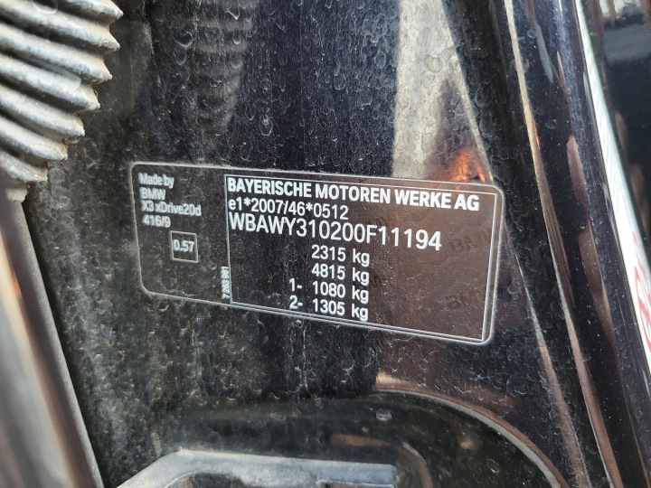 BMW X3 F25 13R AILE AVANT GAUCHE AVANT 416 CARBONE SCHWARZ METALLIC