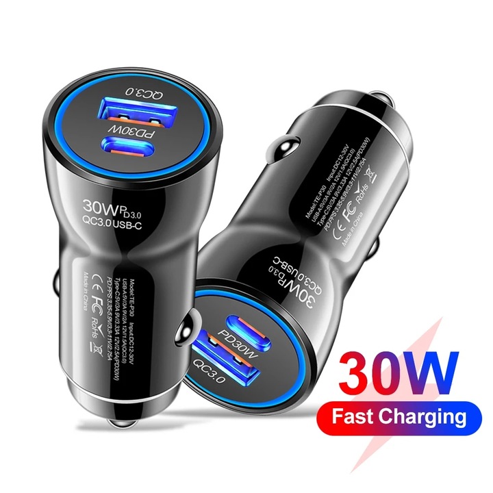 30W PD QC 3.0 FLASH CAR CHARGER FAST CHARGING USB C CHARGING PARA APPLE 