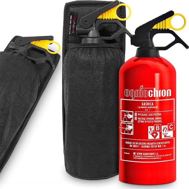 EXTINGUIDOR DE AUTOMÓVIL DE POLVO 1 KG BC 2024R + SOPORTE PERCHERO SOPORTE RZEP 