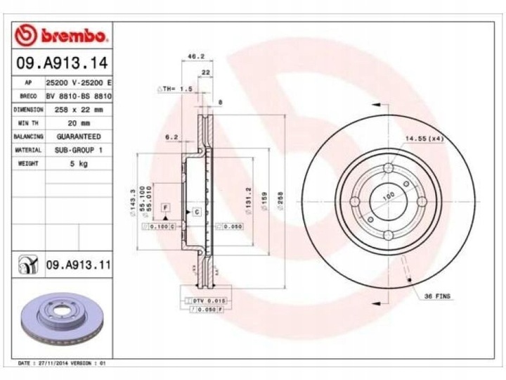 DISCOS PARTE DELANTERA BREMBO 09.A913.11 