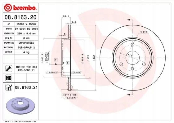 BREMBO 08.8163.21 DISCO DE FRENADO PARTE DELANTERA 