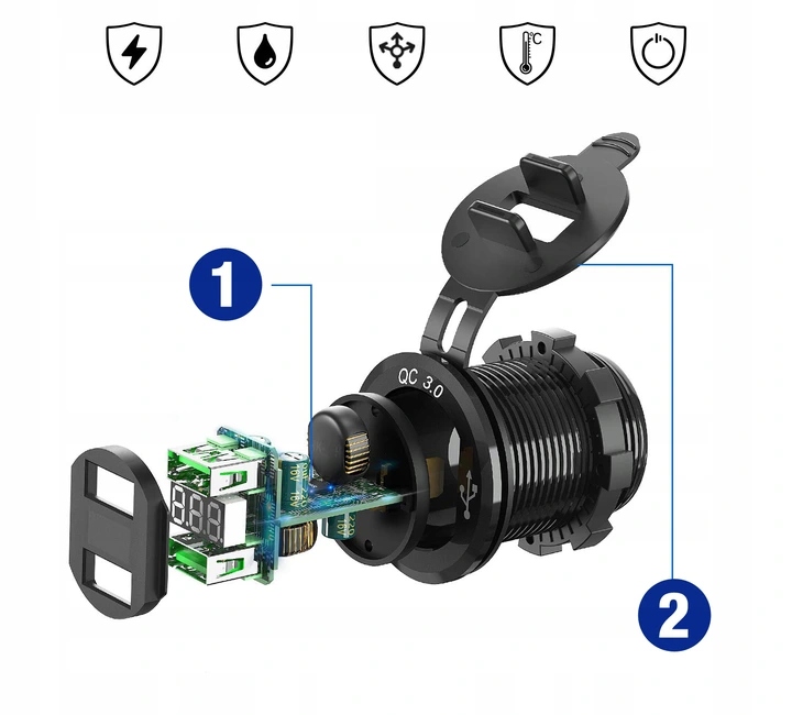 DISPOSITIVO DE CARGA MOTOCICLETA 2 USB QC3.0 VOLTÍMETRO BOTÓN 