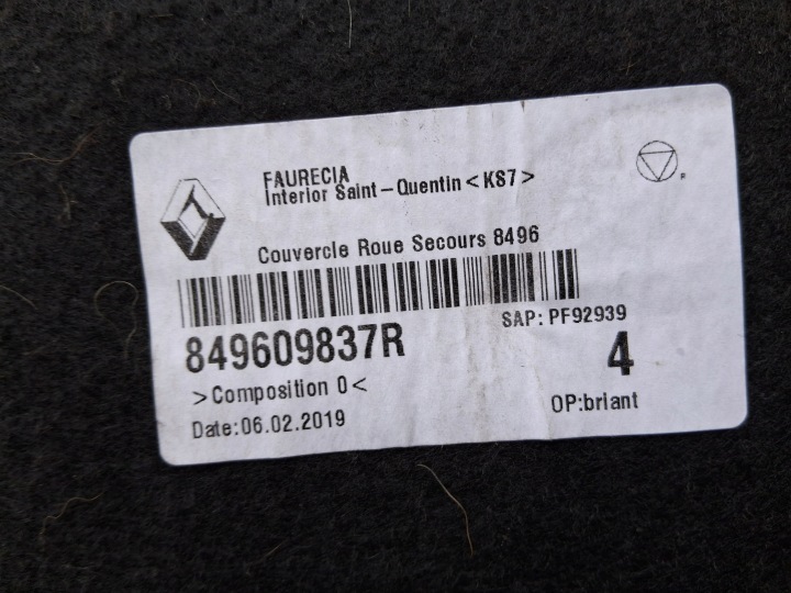 RENAULT GRAND SCENIC IV PLANCHER REVÊTEMENT COUVERCLES DE COFFRE ARRIÈRE ARRIÈRE 849609837R