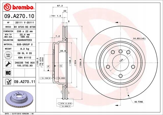 DISCOS DE FRENADO PARTE TRASERA BREMBO 09.A270.11 09A27011 