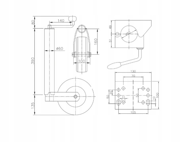 SOLIDE 250KG KOLO MANOEUVRABLE FI60 AVEC ÉTRIER DE FIXATION