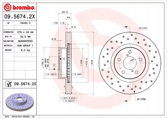 BREMBO 09.5674.2X DISCO DE FRENADO PARTE DELANTERA XTRA SUBARU FORESTER 