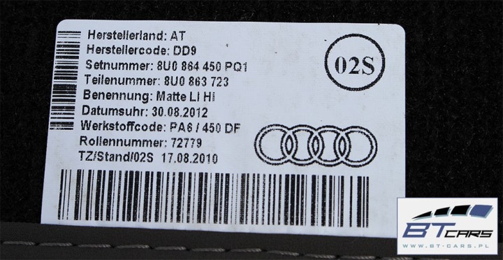 AUDI Q3 TAPIS DE SOL ESSUIE-GLACES PLANCHERS ARRIÈRE 8U 8U0864450 8U0863723 8U0863724 8