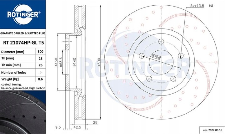 2X DISCO DE FRENADO PARTE DELANTERA RT 21074HP-GL T5 