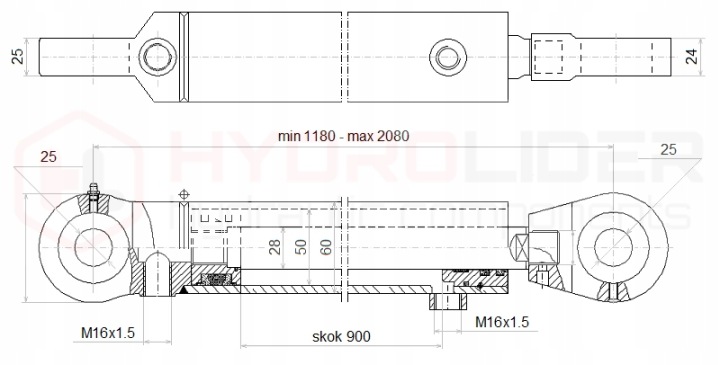 SERVOMOTEUR PISTON HYDRAULIQUE 2-STR 50/28/900 HAUTEUR D'ÉLÉVATION 900MM L:1180 HYDROLIDER