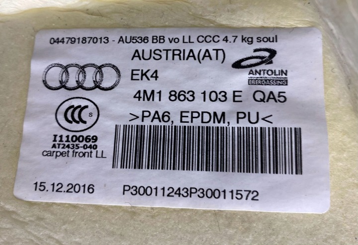 2018 AUDI Q7 4M REVÊTEMENT PLANCHER AVANT 4M1863103E