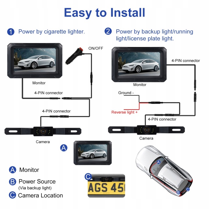 KIT CAMÉRAS MARCHE ARRIÈRE LED VERS VOITURES AVEC ÉCRAN IPS 4,3 POUCES