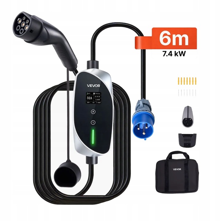 CHARGEUR EV 7.4KW TYPE 2 32A CEE MOBILE STACJA WALLBOX 6M LCD
