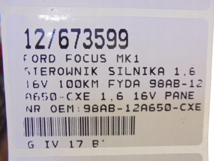 FOCUS MK1 ORDINATEUR 98AB-12A650-CXE 1,6 16V PANE