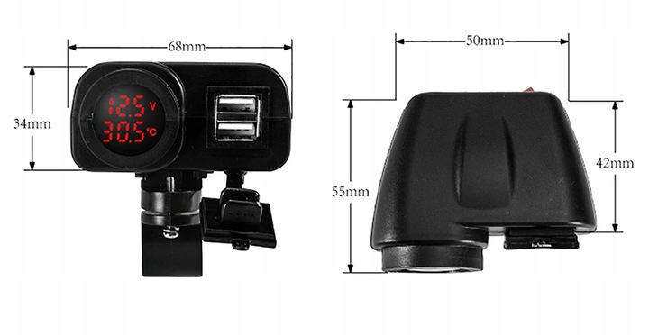 DISPOSITIVO DE CARGA MOTOCICLETA VOLTÍMETRO TERMO 2 PIEZAS USB 3W1 