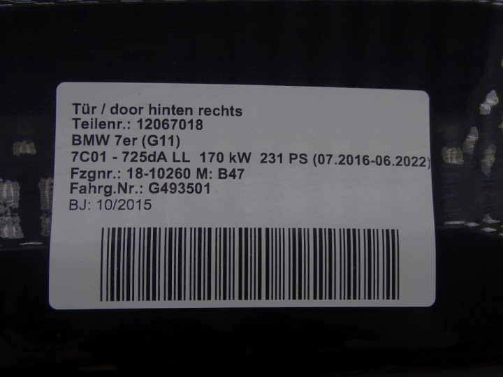 BMW 7 G11 15-22 PORTES DROIT ARRIÈRE COMPLET 475 NOIR SAPPHIRE METALLIC