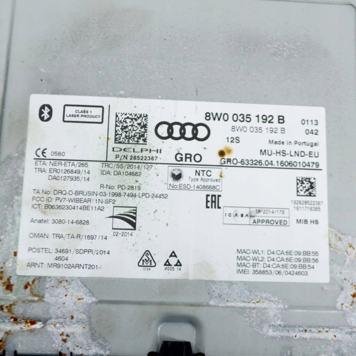 RADIO AVEC NAVIGATION AUDI A4 AVANT (8W5, B9) 28522367 12150557 1.4L 110KW 2016