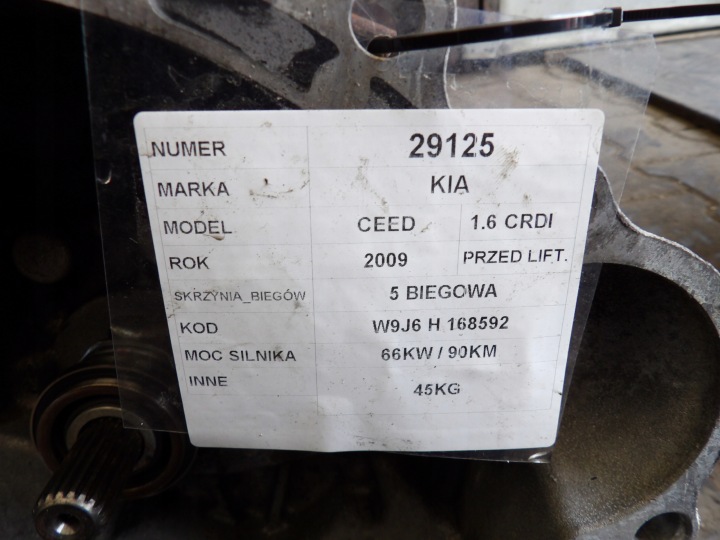 KIA CEED 1,6CRDI 66KW 90KM BOÎTE DE VITESSES W9J6H