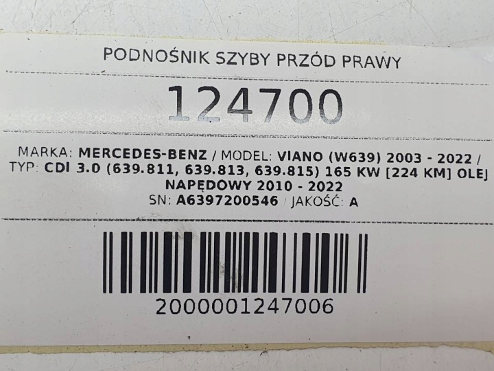ÉLÉVATEUR VITRES AVANT AVANT DROIT MERCEDES W639 VIANO VITO A6397200546