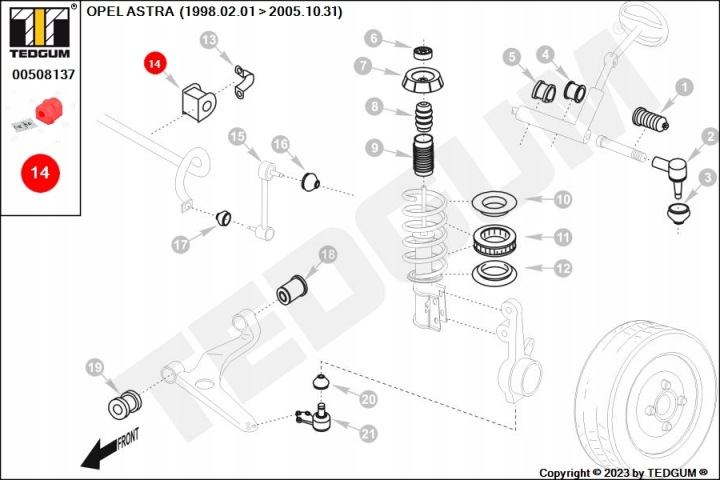 00508137 TEDGUM CAOUTCHOUC BARRE STABILISATRICE OPEL DROIT ASTRA G/VECTRA B POLYURÉTHANE