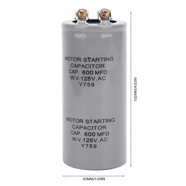 CD60 CONDENSATEUR 600MFD 125VAC MOTEUR DÉMARRAGE VITESSE 43X102MM