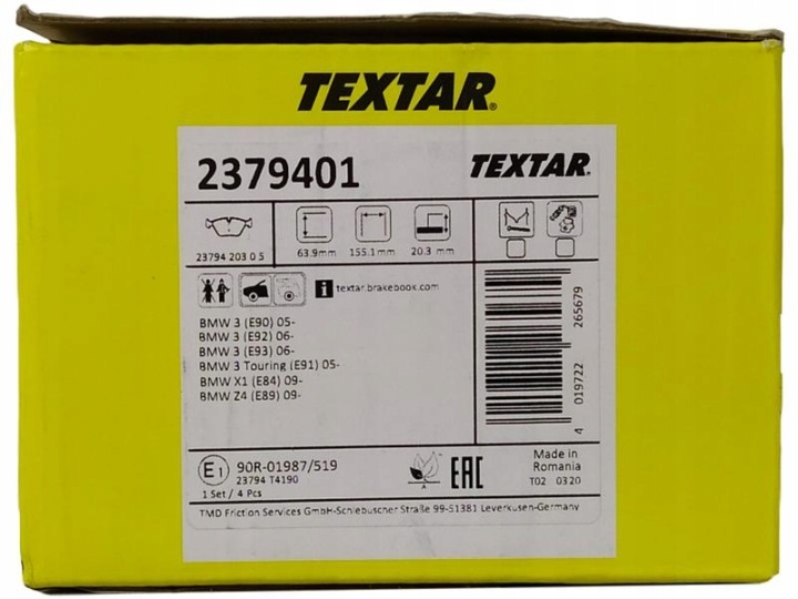 2379401 PLAQUETTES FREIN BMW DROIT E90 E91 05- 318-330 E89 Z4 09- TEXTAR