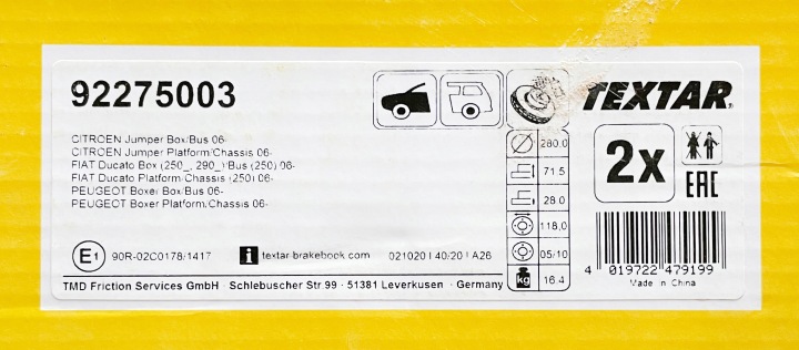 DISQUE FREIN PEUGEOT DROIT BOXER 2,0-3,0 HDI 06- 92275003