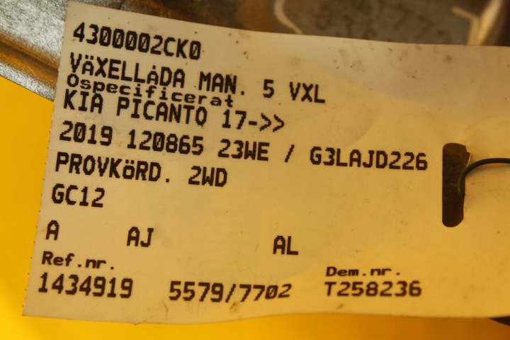 BOÎTE DE VITESSES MANUELLE KIA PICANTO III 1.0 B MJ1772 GC12 13115 02710
