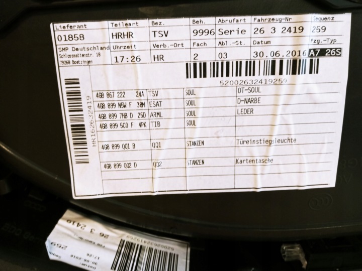 AUDI A7 GARNITURE PORTES COLLECTEUR DROIT ARRIÈRE CUIR 4G8867306