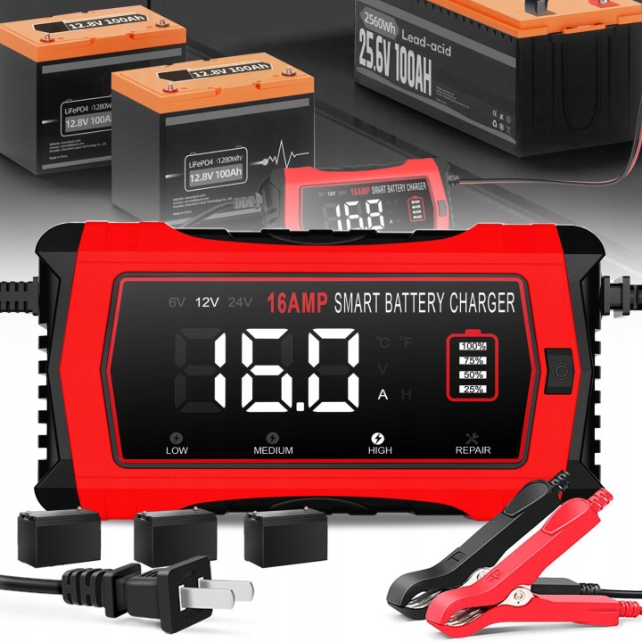 INTELLIGENT CHARGEUR CHARGEUR AUTO 16A BATTERIE LIFEPO4 LCD 12V 24V