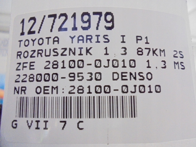 TOYOTA YARIS I DÉMARREUR 28100-0J010 1,3 MS228000-9530 87KM 2SZFE