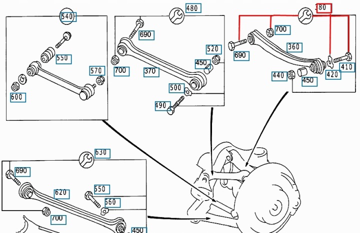 KIT RÉPARATION BRAS DE SUSPENSION ESSIEUX ARRIÈRE MERCEDES-BENZ E W210 A2103504506