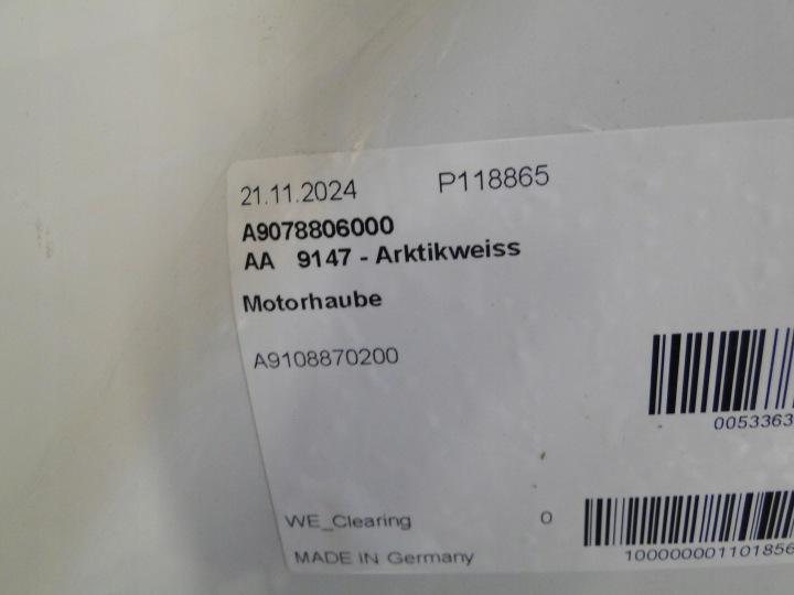 MERCEDES SPRINTER 907 910 CAPOT COUVERCLE MOTEUR A9078806000 147 ARKTIKWEISS
