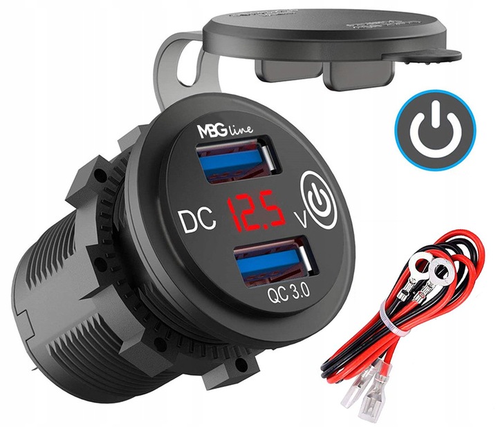 DISPOSITIVO DE CARGA MOTOCICLETA 2 USB QC3.0 VOLTÍMETRO BOTÓN 