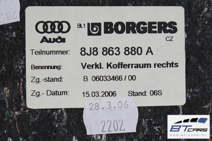 AUDI TT COLLECTEUR TAPIS COURROIE COUVERCLES DE COFFRE GARNITURE 8J8863879A 8J8863880A 8J886347
